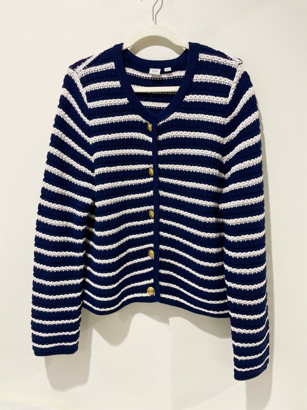 Gap Chunky Cardigan Sweater Navy White Striped Gold Buttons Fisherman Size XL